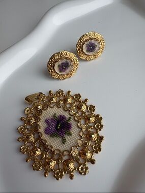 Vintage Petit Point Purple Flower Pendant and Earrings Set